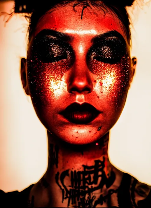 Prompt: Cinestill 50d photograph of a city on fire, a techwear mixed woman wearing thick mascara and dark glitter makeup crying outside of a city on fire, tattoos, tilted frame, 4k, 8k, hd, full color