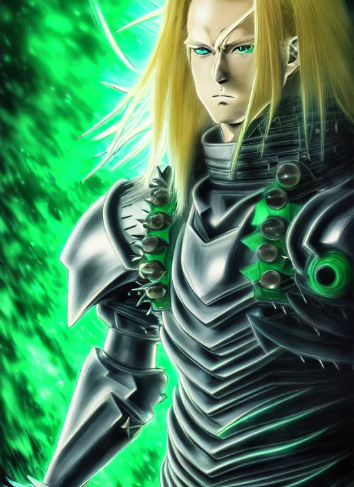Image similar to a detailed anime full body portrait of a man with long blonde hair and blue eyes wearing evil green spiked cyberpunk armour by hirohiko araki and moebius, detailed artwork, realism, 4 k resolution, detailed, high quality, sharp focus, hq artwork, insane detail, volumetric lighting, character concept art, fine details, clear subject, central subject
