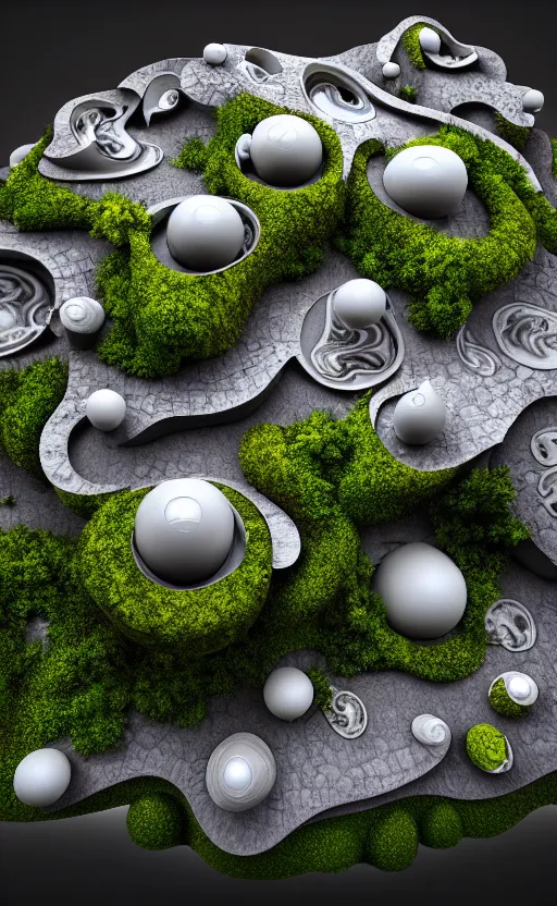 Image similar to highly detailed ultra sharp 3 d render villa interior cinematic composition of a smooth ceramic porcelain biomorphic magnolia stone nebula fluid fractal sci - fi surreal architecture landscape, granite, metallic, magnesium, marble, moss and lichen, vincent callebaut composition, mamou - mani, archviz, beautiful lighting, 8 k, unreal engine, hdr,