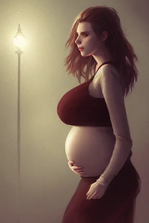 Image similar to pregnant woman under street light, highly detailed, sharp focused, ultra realistic digital concept art by Charlie Bowater