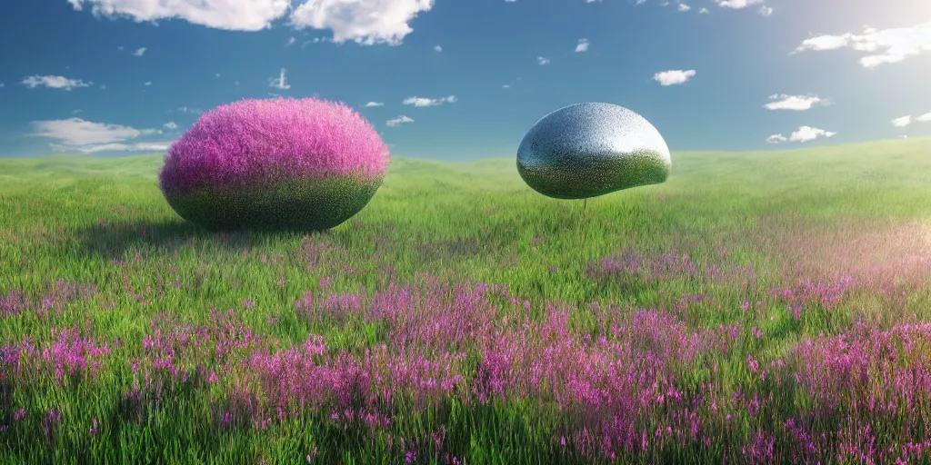 Image similar to chrome blob hovering over a meadow daylight flowers wildlife photorealistic wonderful render unreal ultrawide