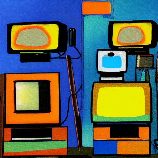 Image similar to fuzzy, furry, array of crt televisions, tv static, antenna, stacked, polaroid, steroids, adult video store, impressionist painting, painting, acrylic painting, cell shaded