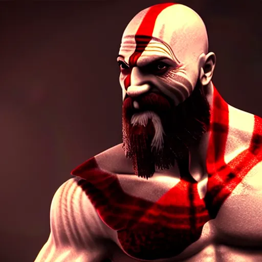 Image similar to screenshot of Kratos with a chicken head, volumetric lighting, high detail, 4k, warm toned gradient background