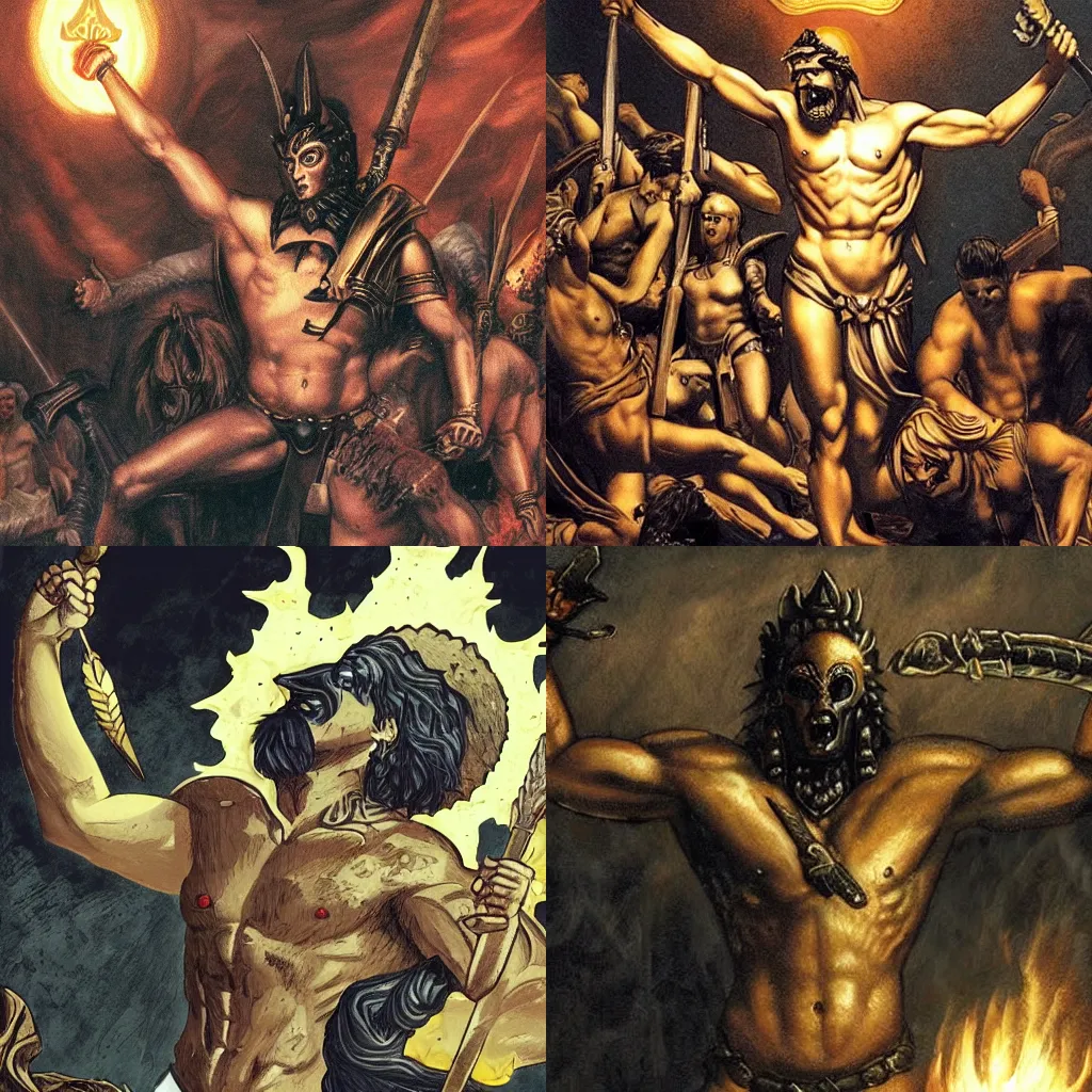 Prompt: Ares sacrificing his soul for his soldiers, rising body, god and war, fantasy, werewolves