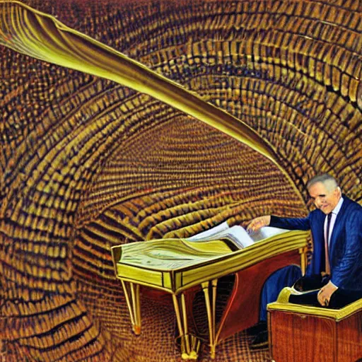 Image similar to benjamin netanyahu, spiraling floating piano, mirrors, by michael cheval