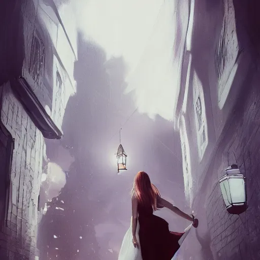 Prompt: a girl in a white dress, holding a lantern, dramatic lighting, walking through a dark alleyway surrounded by tall buildings, 8k, trending on artstation, drawn by wlop