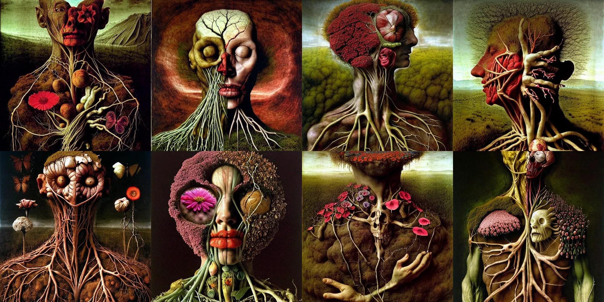 Prompt: veins and muscle tissue growing from the earth as a flower, epic shot, elegant, dark, by giuseppe arcimboldo and ambrosius benson, a touch of beksinski, realistic, renaissance