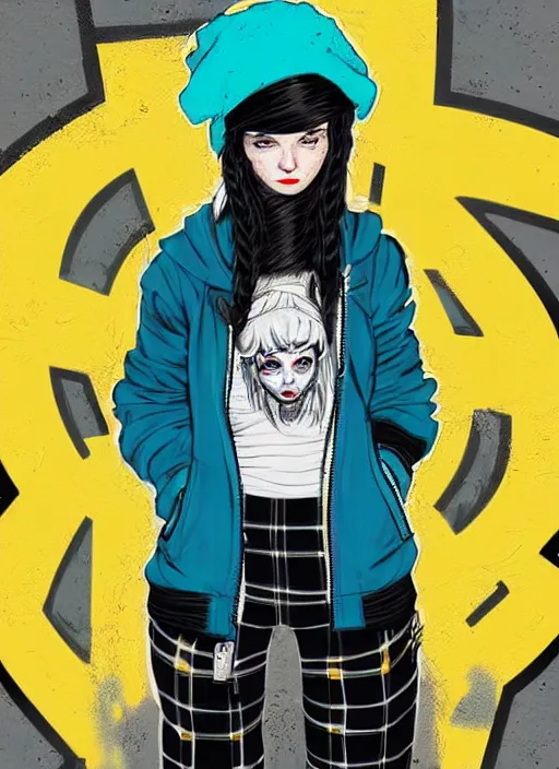 Image similar to highly detailed portrait of a sewer punk lady student, blue eyes, tartan hoody, hat, white hair by atey ghailan, by greg tocchini, by kaethe butcher, by alex horley, by bruce timm, gradient yellow, black, brown and cyan color scheme, grunge aesthetic!!! ( ( graffiti tag wall ) )