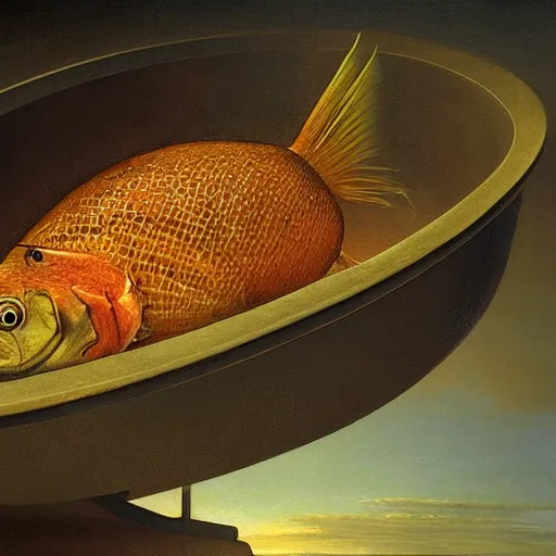 Image similar to a fish on the top of a pile of fish, inside a cooking pot, side view, by vladimir kush, dystopian aer, rococo