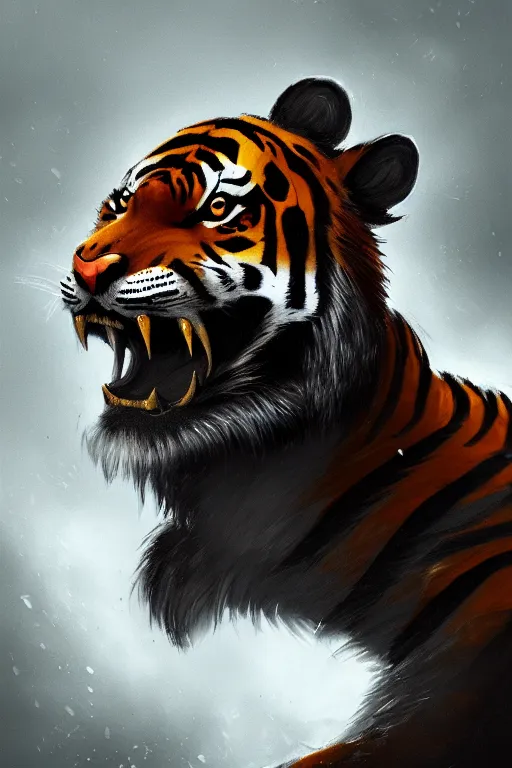 Prompt: a portrait of an anthro tiger of the apocalypse, grim - lighting, high - contrast, intricate, elegant, highly detailed, digital painting, artstation, concept art, smooth, sharp focus, illustration