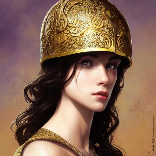 Image similar to an attractive young female wearing an ornate metallic helmet, olive skin, long dark hair, beautiful bone structure, intricate, elegant, highly detailed, digital painting, artstation, concept art, smooth, sharp focus, illustration, art by artgerm and greg rutkowski and alphonse mucha