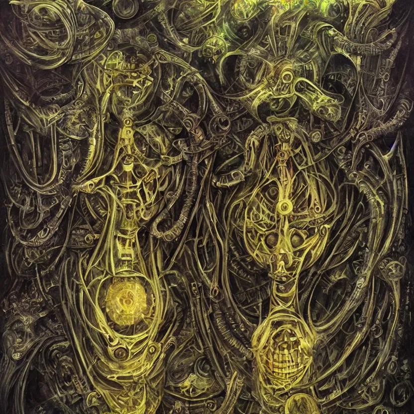 Prompt: biomechanical kali yantra, volumetric shadows and lighting, psychedelic colors, realistic oil painting by h. r. giger,