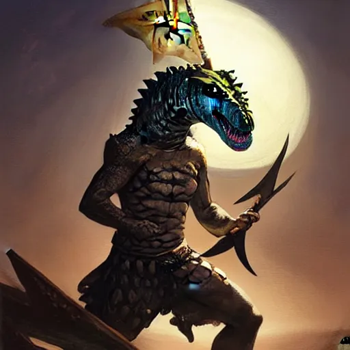 Image similar to a crocodile warrior holds a morning star and a shield, by greg rutkowski, magic the gathering,