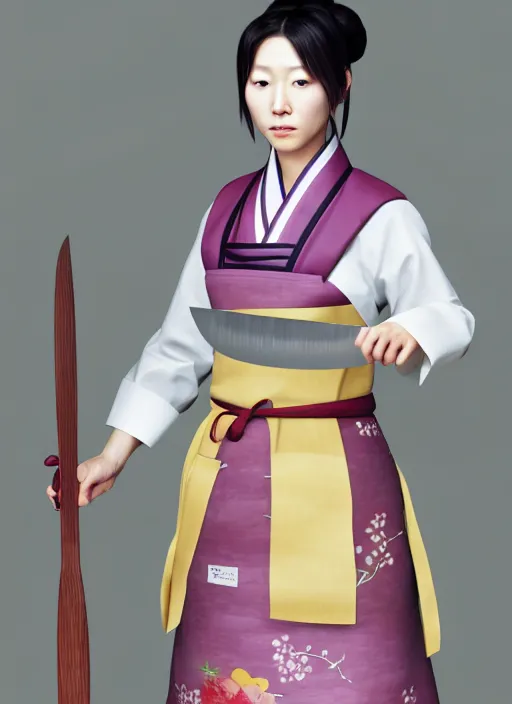 Prompt: character concept of a south korean female chef, wearing a beautiful hanbok inspired apron, holding magical kitchen knives, by kan liu and loish, 4 k render, unreal engine, high resolution, intricate detailed, hyperdetailed, photorealistic, artstation, smooth, sharp focus