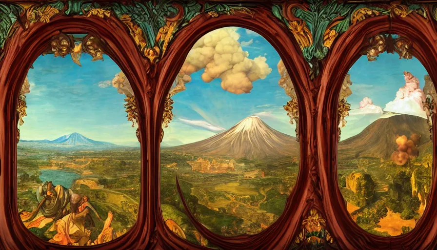 Prompt: a very elaborate elaborated huge standalone hyperrealistic photorealistic hyperdetailed window, reflecting an erupting volcano, seen from the distance. art nouveau rococo in the style of caravaggio. unexpected maximalist fabric elements hd 8 x matte background in vibrant pastel tones