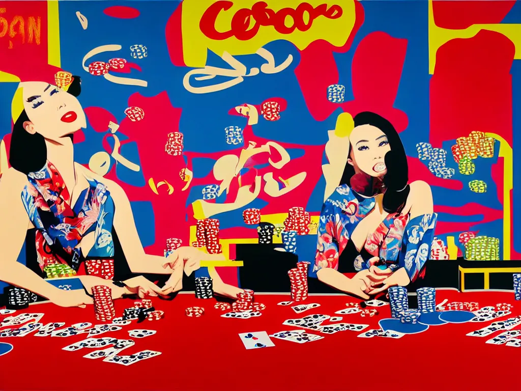 Image similar to hyper - realistic composition of a room in a casino with an extremely detailed poker table, croupier in kimono standing nearby fireworks in the background, pop art style, jackie tsai style, andy warhol style, acrylic on canvas