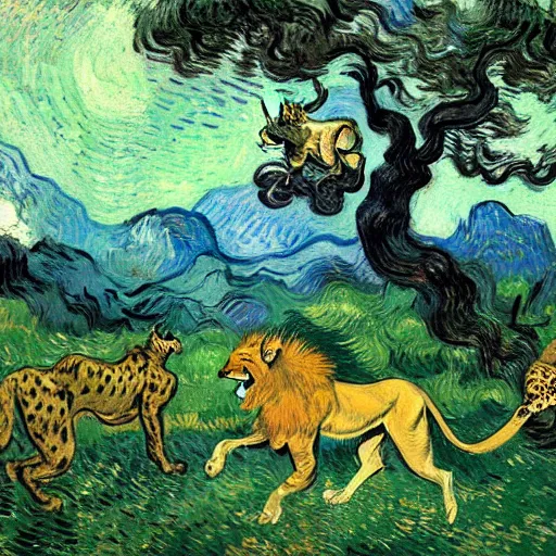 Prompt: cheetah and a lion run through the forest and see a mountain of balloons , concept art, huge scale, high detail, sci fi by van gogh