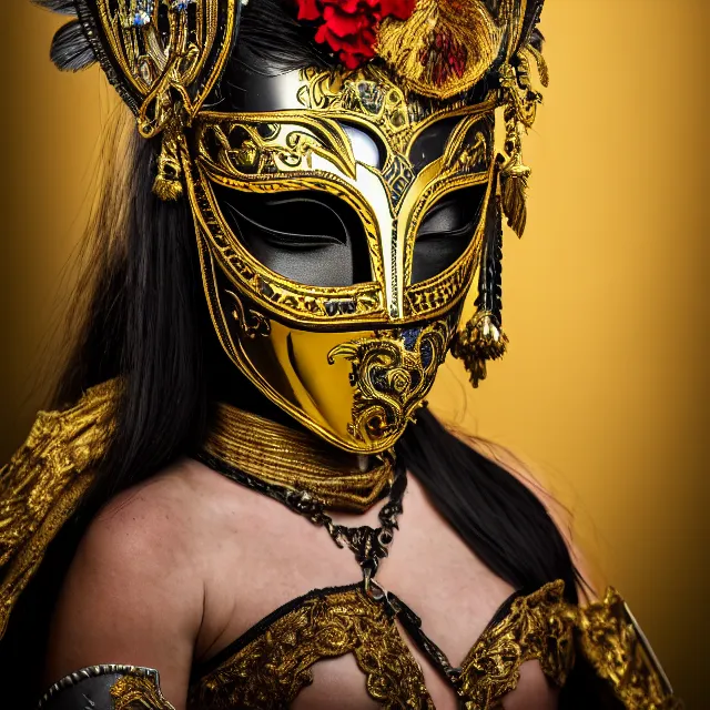 Image similar to full length portrait photo of a female warrior with ornate venetian mask highly detailed, 8 k, hdr, close up, smooth, sharp focus, high resolution, award - winning photo