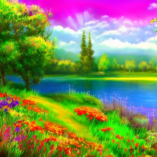 Image similar to meadow with colorful flowers and lake detailed airbrushed magical realism landscape painting 4 k