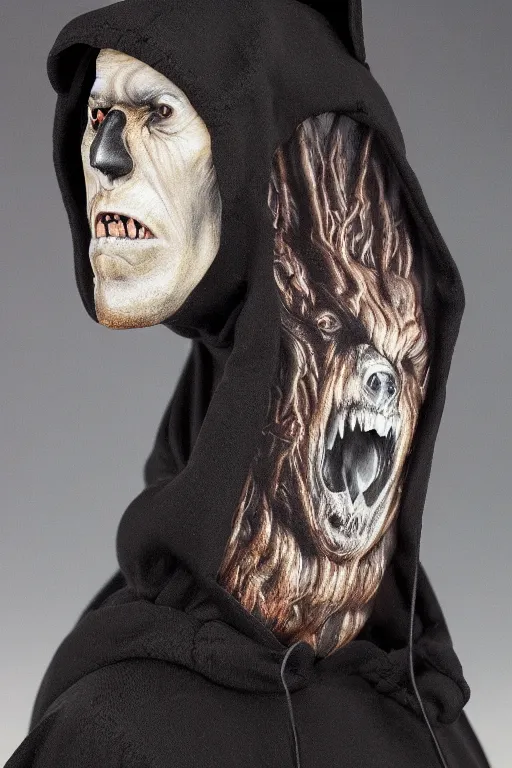 Image similar to sideview waist up portrait of bear wear black cape hoodie made with porcelain by jeff easley and peter elson, beautiful eyes and face, symmetry face, galaxy, gothic, surreal, dread, highly detailed, intricate complexity, epic composition, magical atmosphere, masterpiece, award winning, trending on artstation