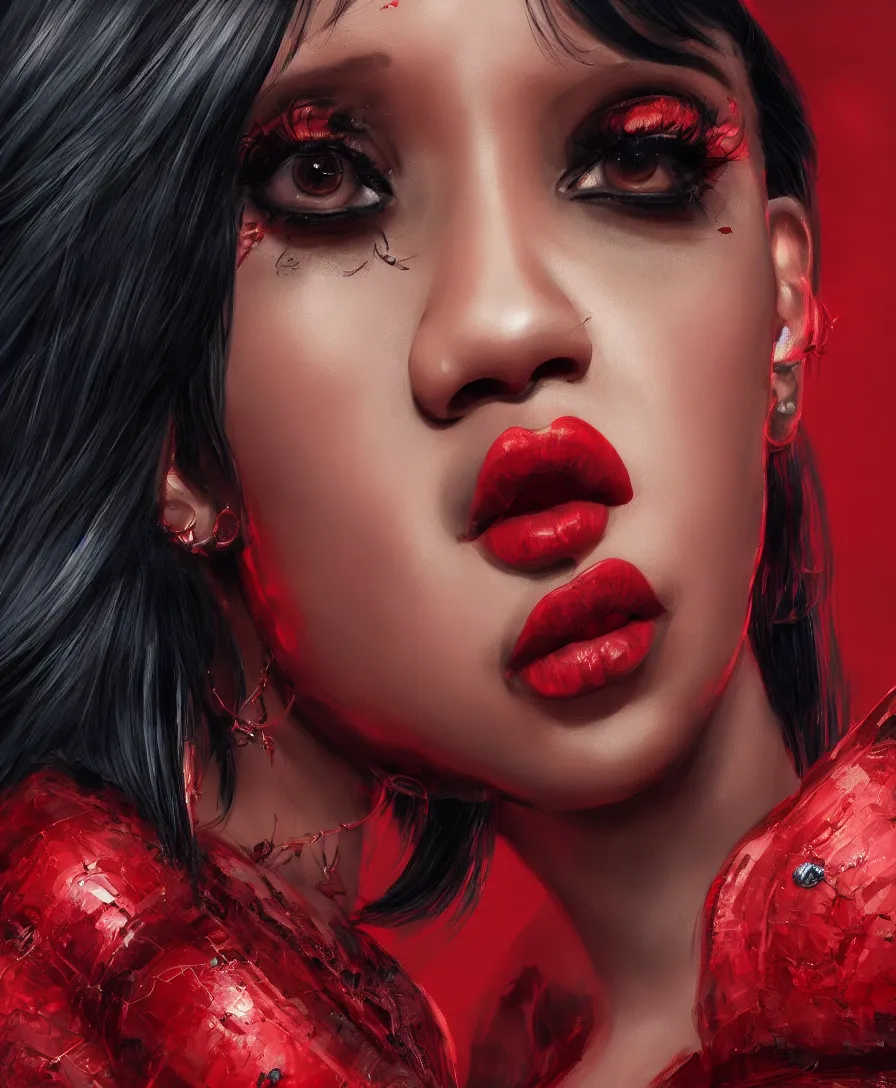 Image similar to hyper realistic cardi b, art by greg rutkowski, intricate, ultra detailed, photorealistic, black and red colors, trending on artstation, octane render, 4 k, 8 k