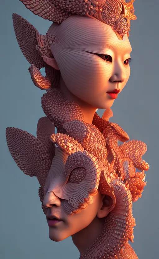 Image similar to 3 d goddess close - up profile portrait. beautiful intricate highly detailed korean gumiho mask and traditional hanbok. stingray, magpie, bio luminescent, plasma, lava, ice, water, wind, creature, artwork by tooth wu and wlop and beeple and greg rutkowski, octane 3 d render