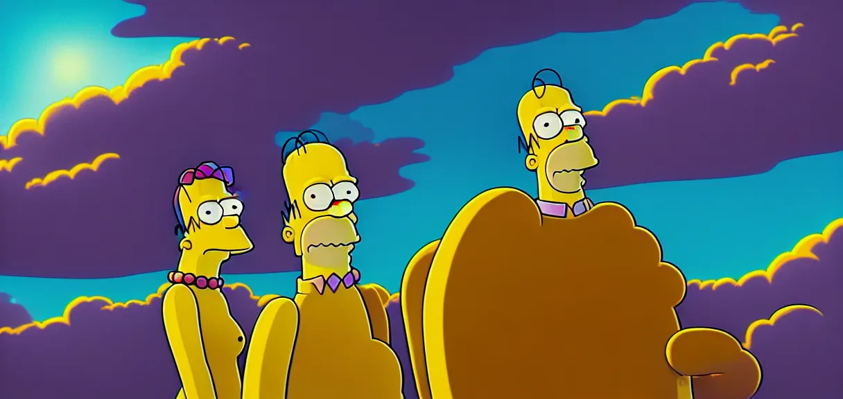 Prompt: post - minimalism portrait of the simpsons, top down view, lizard king / queen forgiveing, iridescent clouds, vibrant color scheme, highly detailed, in the style of romanticism, cinematic, artstation, moebius, greg rutkowski
