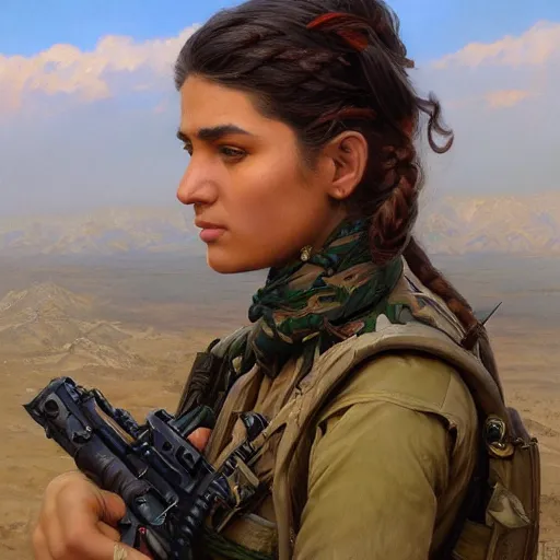 Image similar to a portrait of a beautiful woman Kurdish YPJ soldier, detailed, centered, digital painting, artstation, concept art, donato giancola, Joseph Christian Leyendecker, WLOP, Boris Vallejo, Breathtaking, 8k resolution, extremely detailed, beautiful, establishing shot, artistic, hyperrealistic, beautiful face, octane render