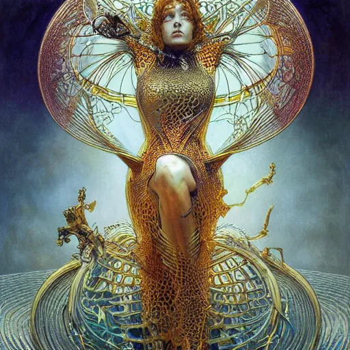 Prompt: queen of mercury by iris van herpen!, alphonse mucha!, zdzisław beksinski!, raymond swanland. highly detailed!, hyper - real, beautiful!