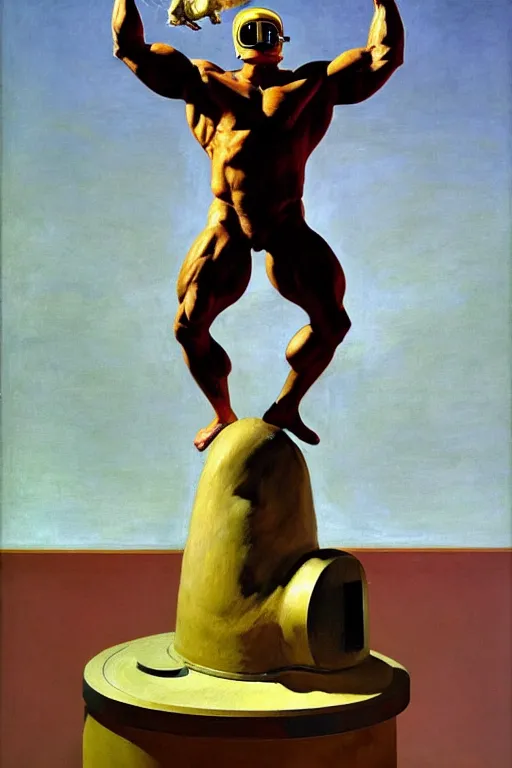 Image similar to bodybuilder in an astronaut helmet lifts a statue of a horse, highly detailed painting by francis bacon, edward hopper, adrian ghenie, gerhard richter, and james jean soft light 4 k,