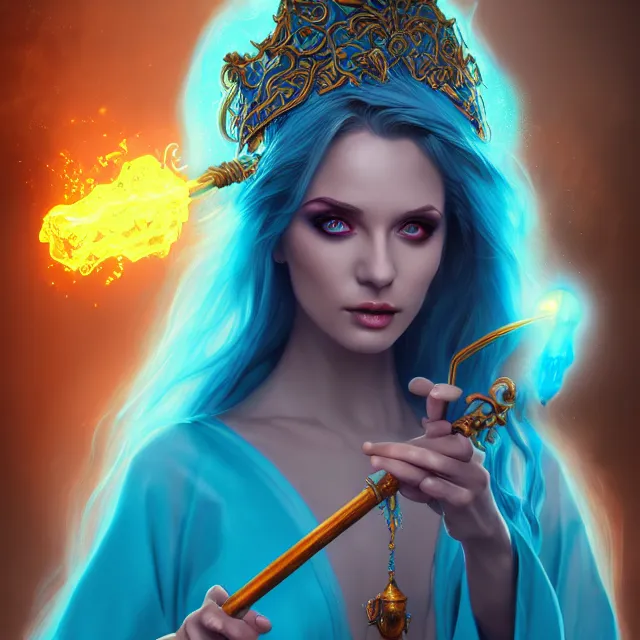 Image similar to beautiful elemental electric witch with ornate cyan robes and staff, highly detailed, 4 k, hdr, smooth, sharp focus, high resolution, award - winning photo, artgerm, photorealistic