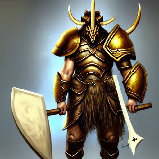 Image similar to Giant minotaur humanoid beast warrior with two handed axe, horned helmet, concept art, heavy white and golden armor, giant horns, portrait, dungeons and dragons, hyperrealism, high details, digital painting, dark fantasy