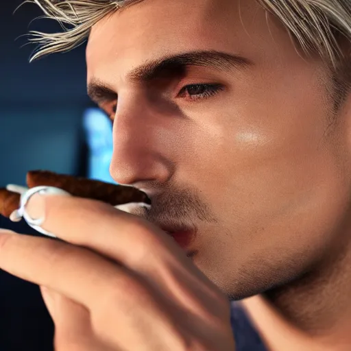 Image similar to a closeup photo of handsome gigachad xqc smoking a cigar, 8k photorealism, extremly detailed, trending on artstation