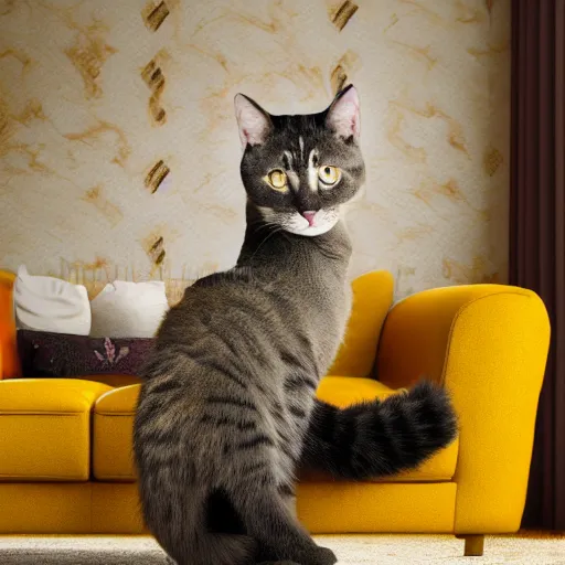 Image similar to cat in living room, cat wearing mustard yellow leisure suit, 7 0's decor, shag carpet, 4 k, 8 k, ultra detailed