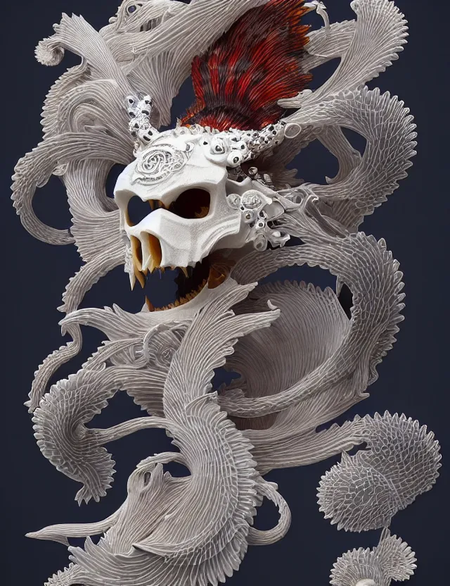 Prompt: 3 d abstract ornament. ram skull. beautiful intricately detailed japanese crow kitsune mask and clasical japanese kimono. betta fish, jellyfish phoenix, bio luminescent, plasma, ice, water, wind, creature, artwork by tooth wu and wlop and beeple and greg rutkowski