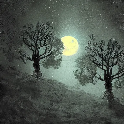 Prompt: trees growing under lunar gravity, concept art