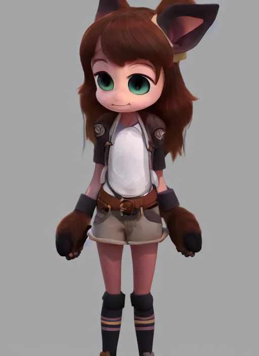 Image similar to female explorer mini cute girl, character adoptable, highly detailed, rendered, ray - tracing, cgi animated, 3 d demo reel avatar, style of maple story and zootopia, maple story indiana, fluffy fox ears, dark skin, cool clothes, soft shade, soft lighting, portrait pose