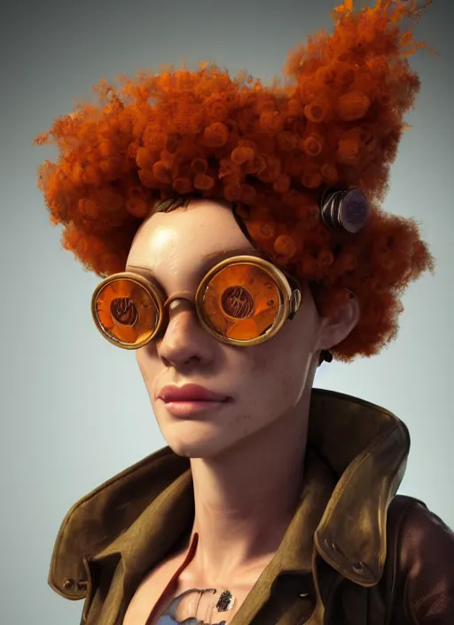 Image similar to steampunk portrait of curly orange hair mad scientist from far cry 6, au naturel, hyper detailed, digital art, trending in artstation, cinematic lighting, studio quality, smooth render, unreal engine 5 rendered, octane rendered, art style by pixar dreamworks warner bros disney riot games and overwatch.