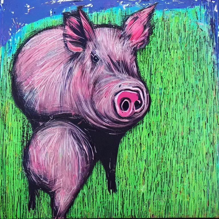 Prompt: “art in an Australian artist’s apartment, portrait of a grassy pig, acrylic and spray paint and oilstick on canvas”