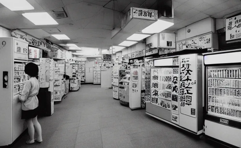 Image similar to japanese convenient store after midnight, 1 9 9 0 s, empty, television screens with static noise, bright fluorescent light