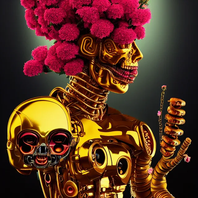 Prompt: bizarre surreal renaissance portrait of the terminator with a a flower afro made out of various flowers, eating flowers, dramatic cinematic lighting, bold colors, 8 k, beautiful intricate painting, hyper realistic, octane render