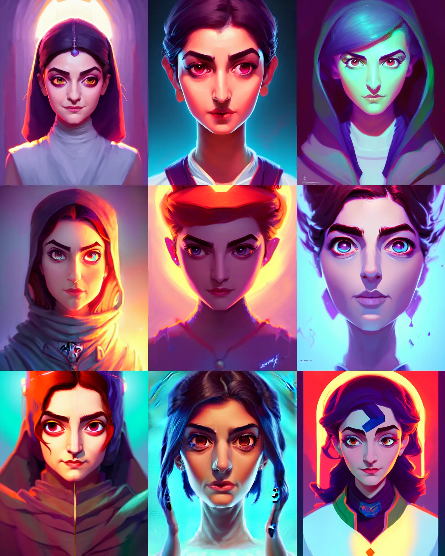 Prompt: head-on symmetrical centered painted portrait, Maya Ali as a D&D sorcerer, matte painting Arcane DOTA Blizzard pixar, maya engine on stylized background splash comics global illumination lighting artstation, by lois van baarle, ilya kuvshinov, rossdraws