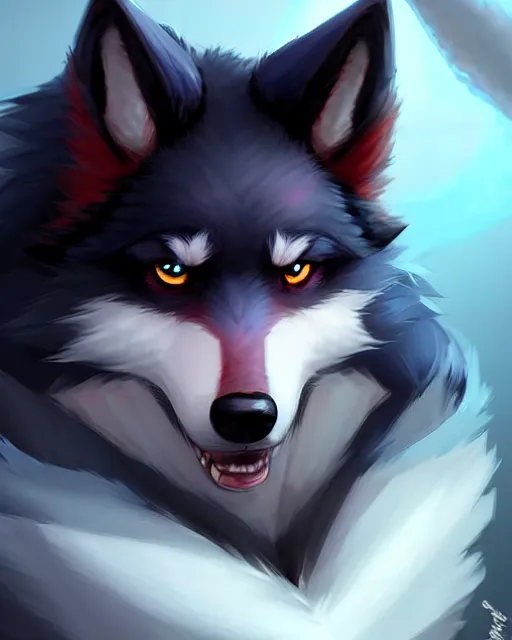 Image similar to character concept art of a black anthropomorphic furry wolf red hair blue eyes | | cute - fine - face, pretty face, key visual, realistic shaded perfect face, fine details by stanley artgerm lau, wlop, rossdraws, james jean, andrei riabovitchev, marc simonetti, and sakimichan, artstation