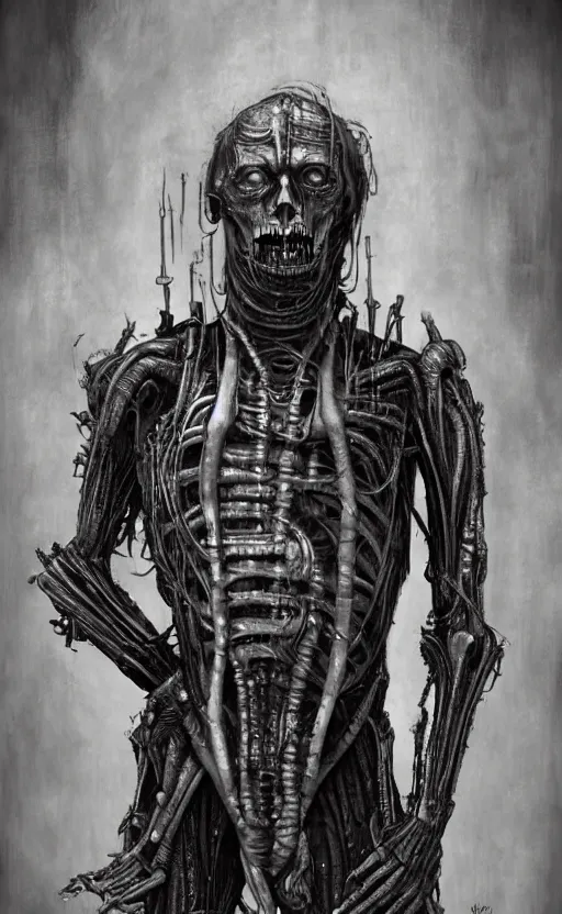 Prompt: full body portrait of t - 8 0 0 by wayne barlow, stanley donwood, anton semenov, zdzislaw bekinski, hr giger, 8 k, fantasy, dark, highly detailed