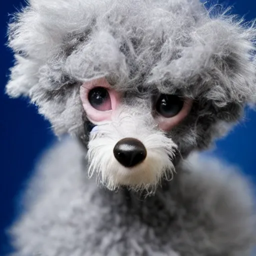 Prompt: slightly evil frail old gray hairless cute malnourished toy poodle with thin grey fluff on face