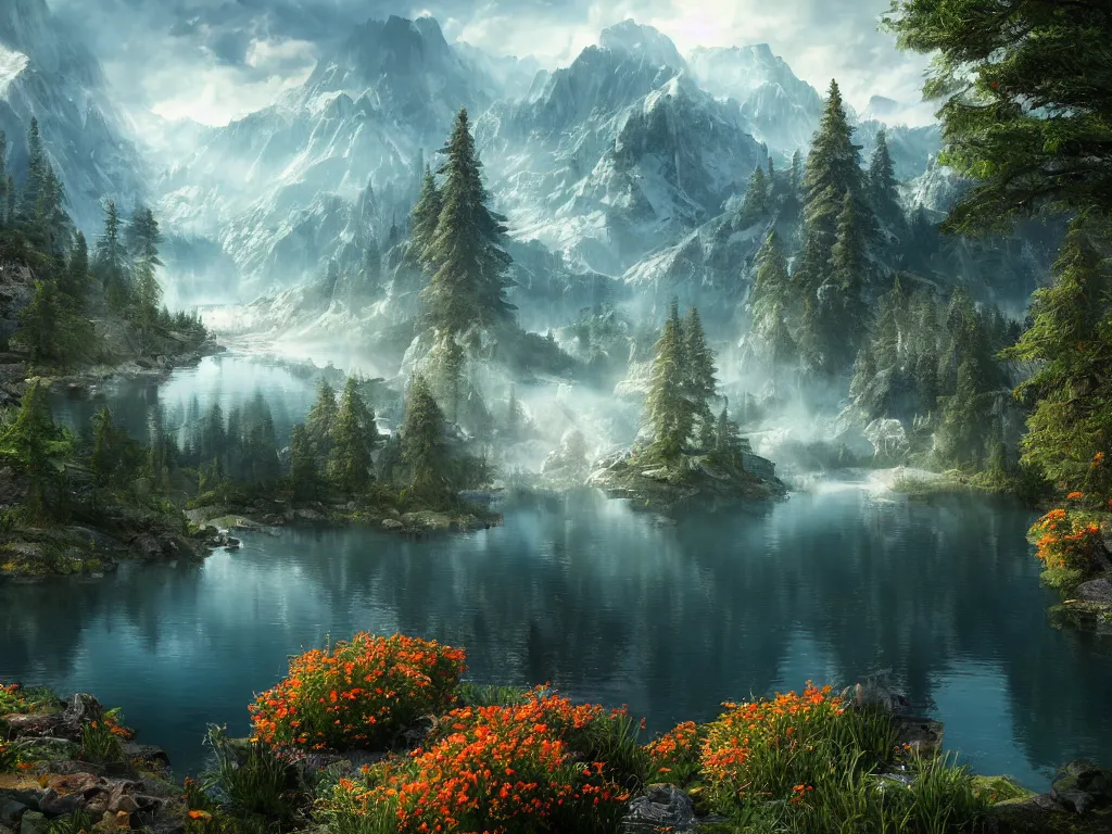 Image similar to a epic view of a mountainous lake, forest, flowers, concept art, trending on, very detailed, unreal engine, 4 k, photoreal, volumetric lighting, light rays, epic composition, warm colors, angelic