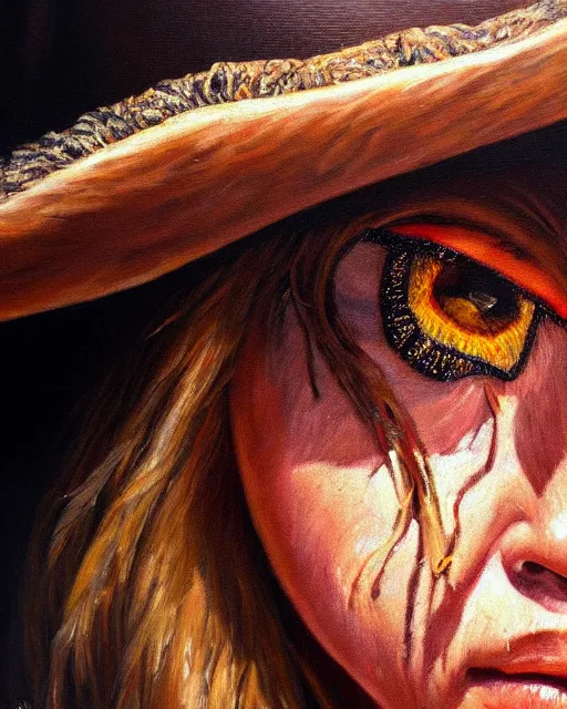 Image similar to oil painting portrait of scarred cowgirl with with burning glowing eyes, high production value, intricate details, high resolution, hdr, high definition, masterpiece, realistic, ultrarealistic, highly detailed, hd, sharp focus, non blurry, sharp, smooth