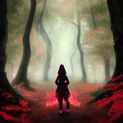 Image similar to a woman [ enchanting a forest with red magic ]!, stands in the middle of a pathway in a timid forest, trending on cgsociety, digital art, illustrated by max hay and anton fadeev, bioluminescent atmosphere, back view, intricate