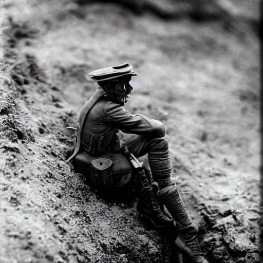 Prompt: tilt shift wwi skull pondering over a dug out trench, dramatic light, zdzidaw, ultrafine, hyperrealistic, vintage, retro, 3 5 mm film still, movie