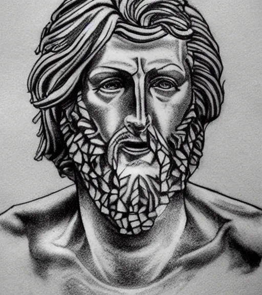 Prompt: tattoo design sketch of the statue of david cracked, in the style of den yakovlev, realistic face, black and white, realism tattoo, hyper realistic, highly detailed
